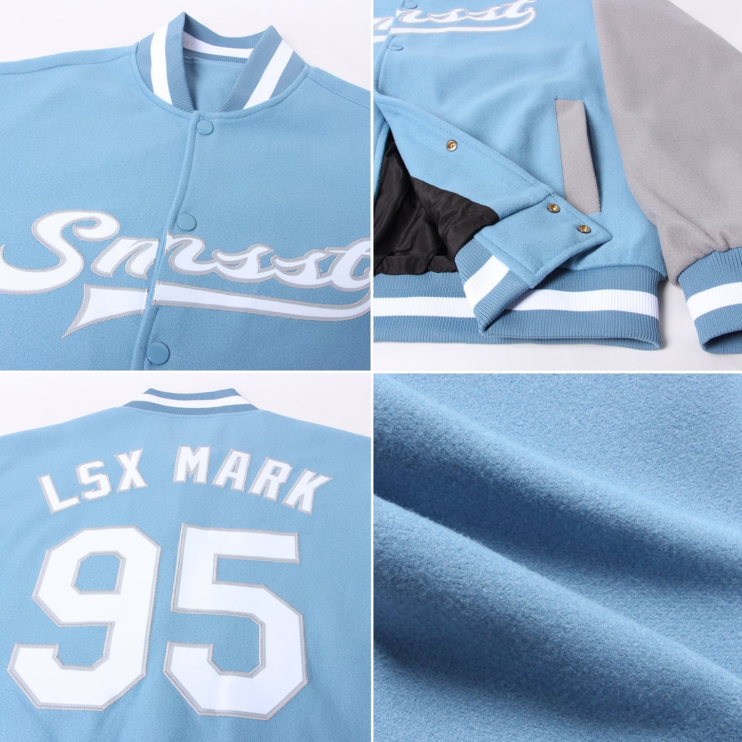Custom Light Blue White-Gray Bomber Full-Snap Varsity Letterman Two Tone Jacket view 4