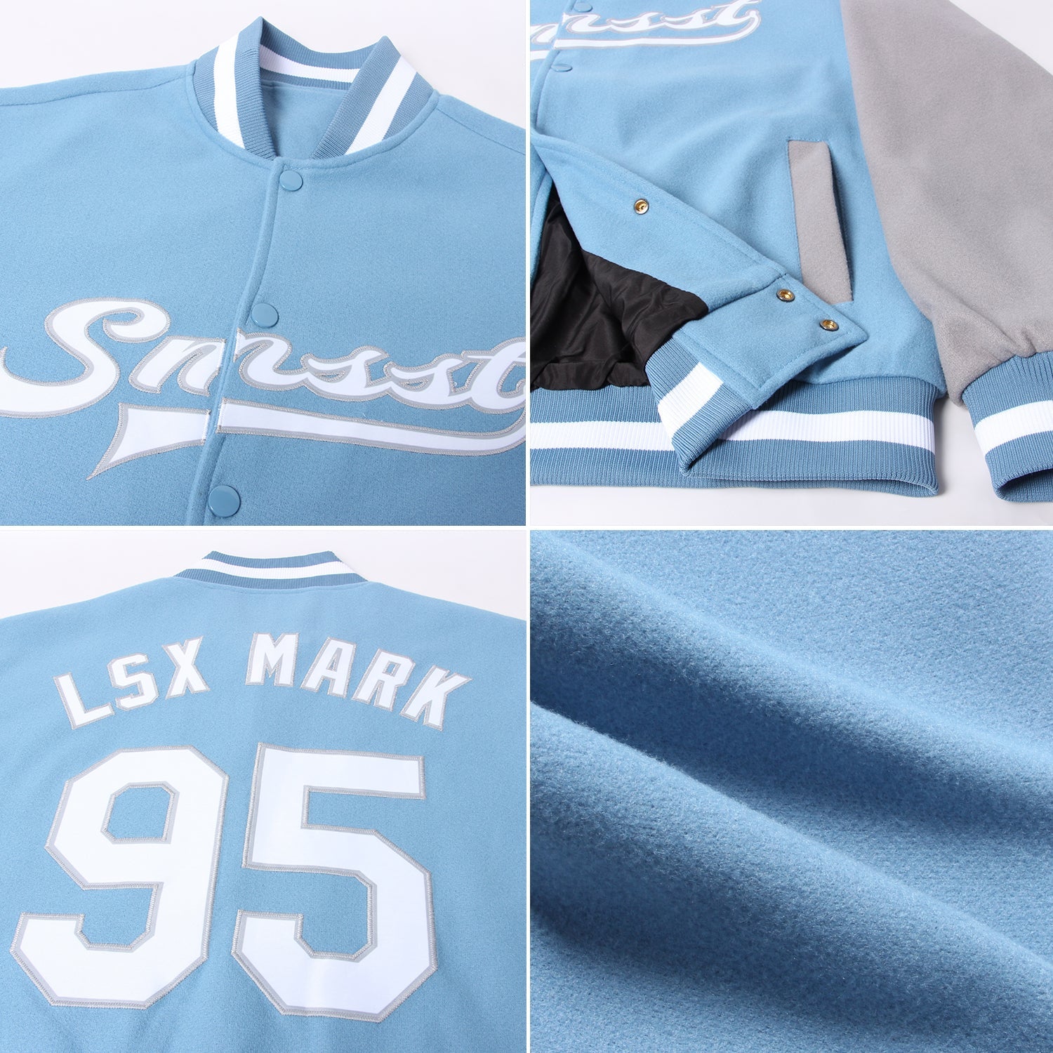 Custom Light Blue White-Gray Bomber Full-Snap Varsity Letterman Two Tone Jacket view 4