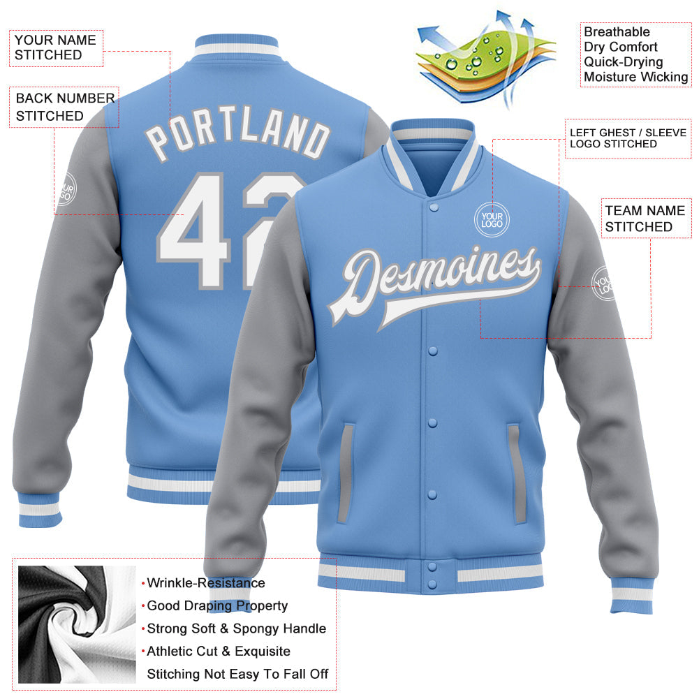 Custom Light Blue White-Gray Bomber Full-Snap Varsity Letterman Two Tone Jacket view 5