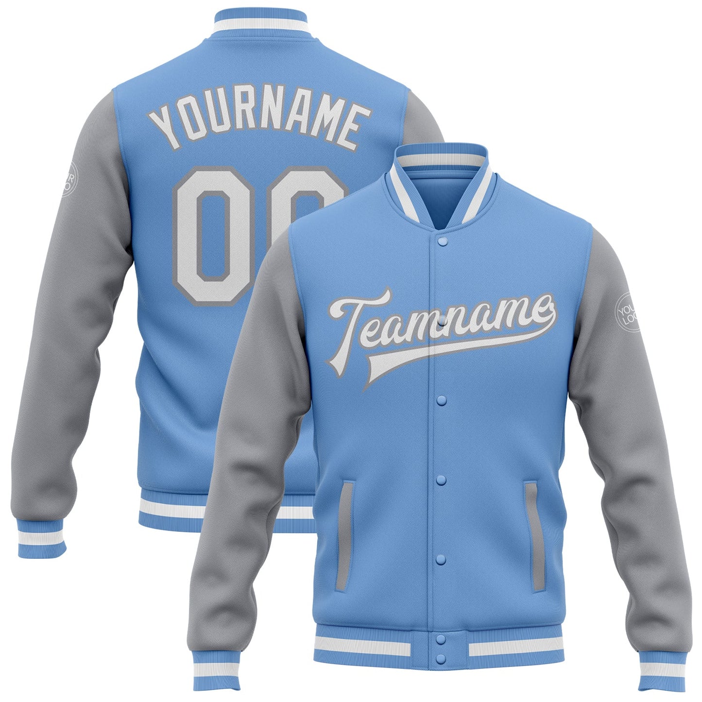 Custom Light Blue White-Gray Bomber Full-Snap Varsity Letterman Two Tone Jacket - Main View