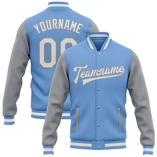 Custom Light Blue White-Gray Bomber Full-Snap Varsity Letterman Two Tone Jacket - Main View