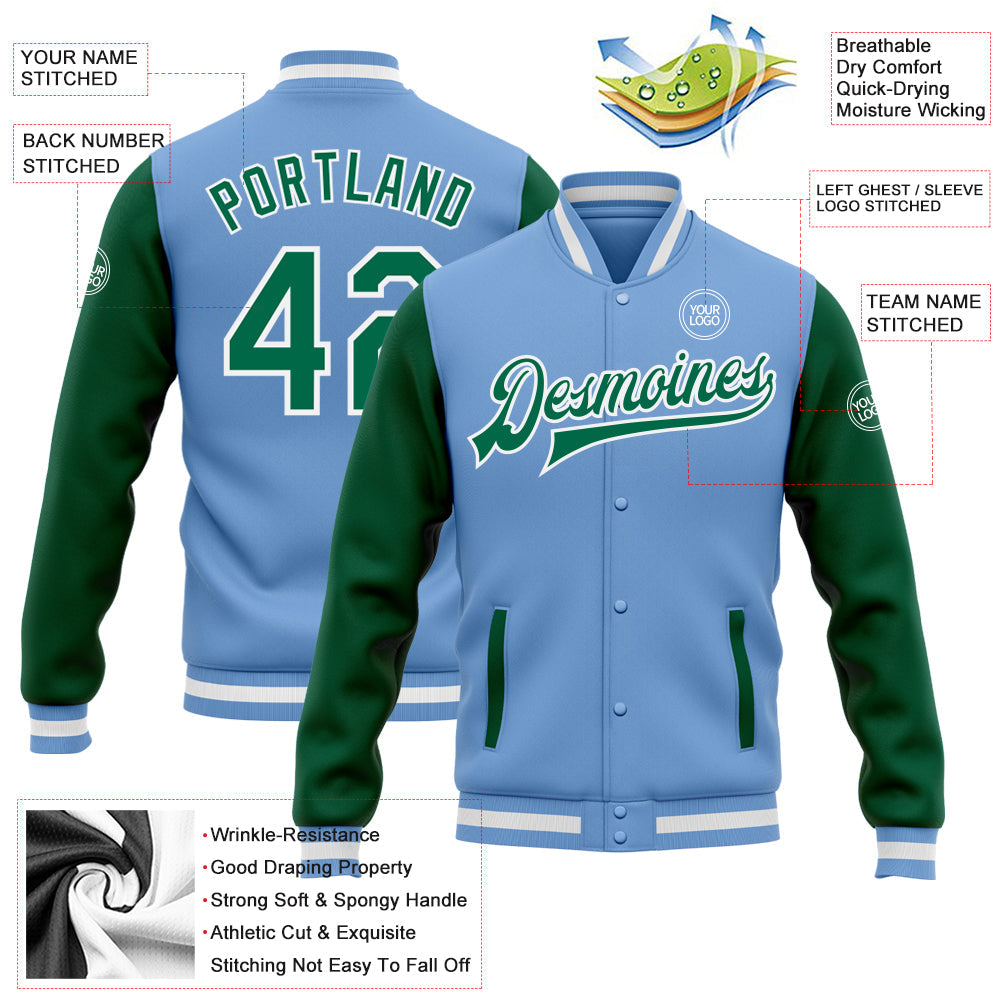 Custom Light Blue Kelly Green-White Bomber Full-Snap Varsity Letterman Two Tone Jacket view 5