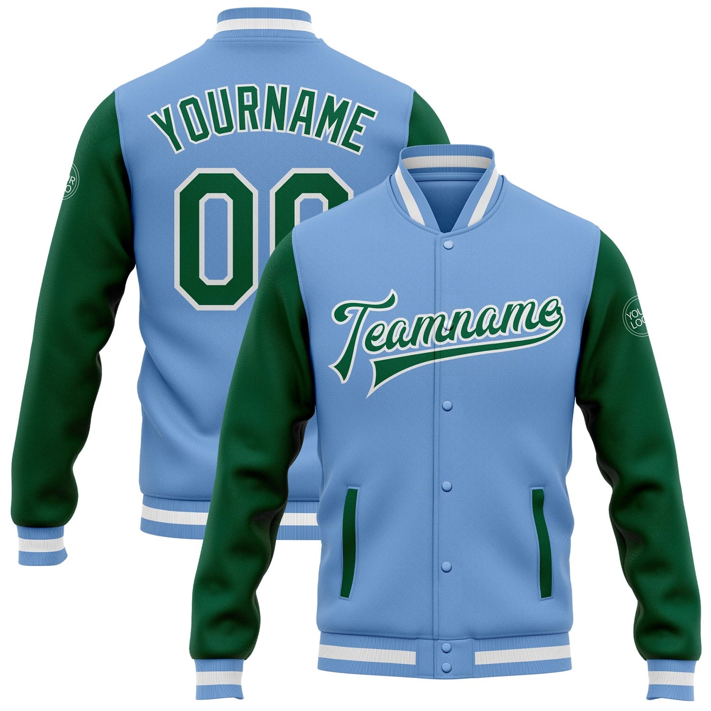 Custom Light Blue Kelly Green-White Bomber Full-Snap Varsity Letterman Two Tone Jacket - Main View