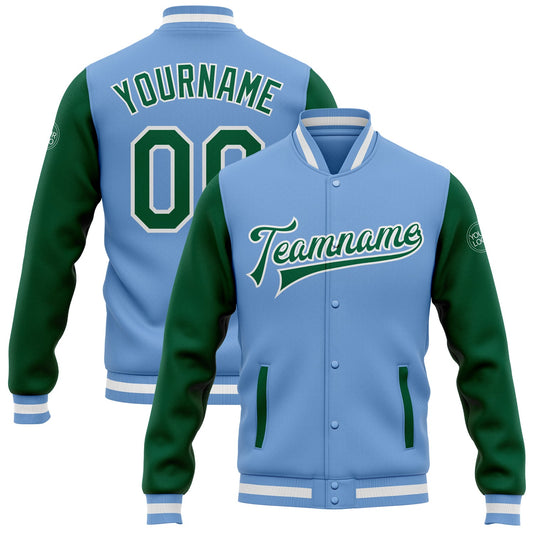 Custom Light Blue Kelly Green-White Bomber Full-Snap Varsity Letterman Two Tone Jacket - Main View