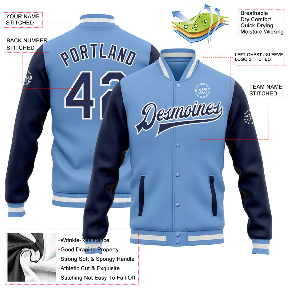 Custom Light Blue Navy-White Bomber Full-Snap Varsity Letterman Two Tone Jacket view 5