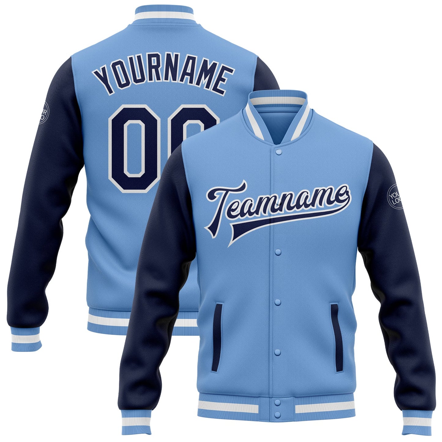 Custom Light Blue Navy-White Bomber Full-Snap Varsity Letterman Two Tone Jacket - Main View