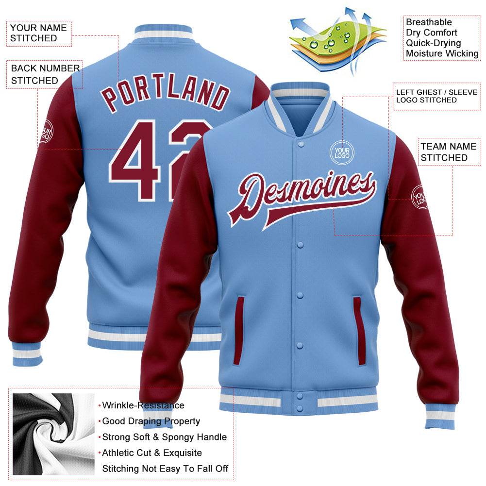 Custom Light Blue Crimson-White Bomber Full-Snap Varsity Letterman Two Tone Jacket view 5