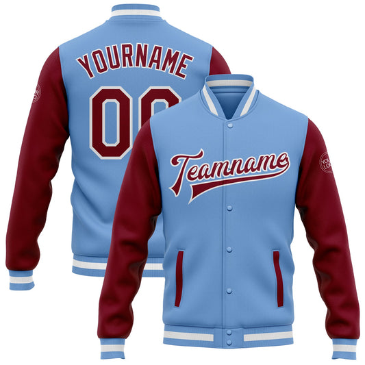Custom Light Blue Crimson-White Bomber Full-Snap Varsity Letterman Two Tone Jacket - Main View