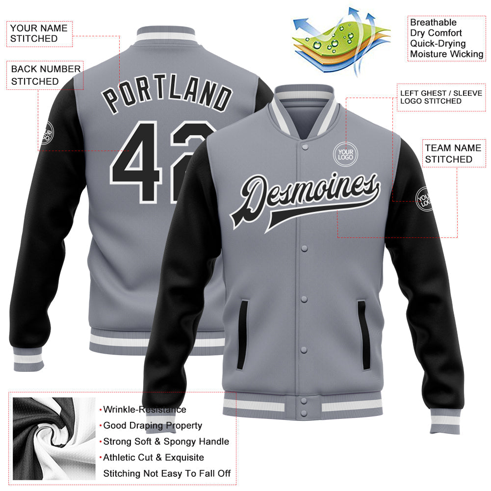 Custom Gray Black-White Bomber Full-Snap Varsity Letterman Two Tone Jacket view 5
