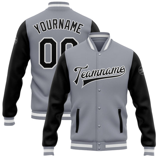 Custom Gray Black-White Bomber Full-Snap Varsity Letterman Two Tone Jacket - Main View