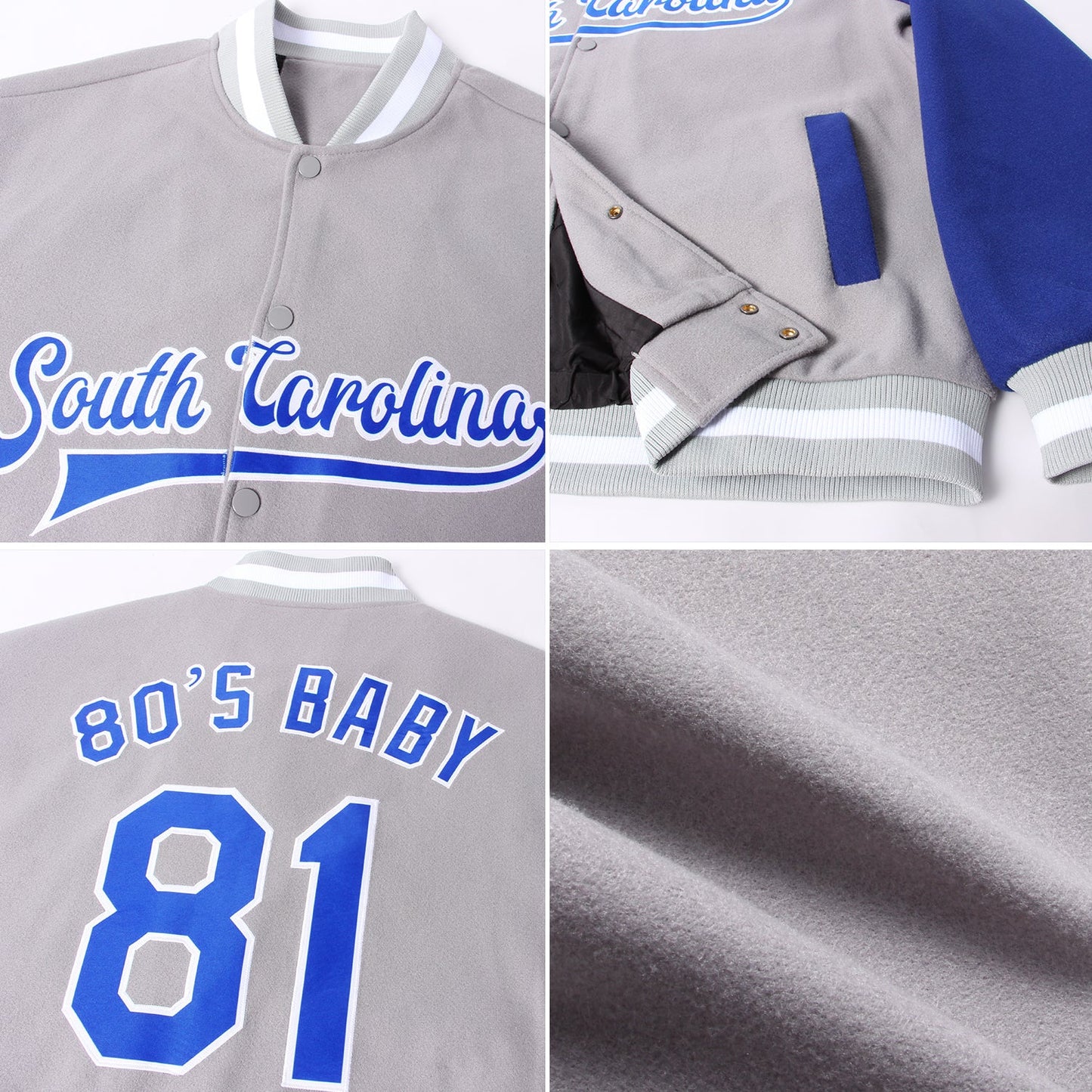 Custom Gray Royal-White Bomber Full-Snap Varsity Letterman Two Tone Jacket view 4