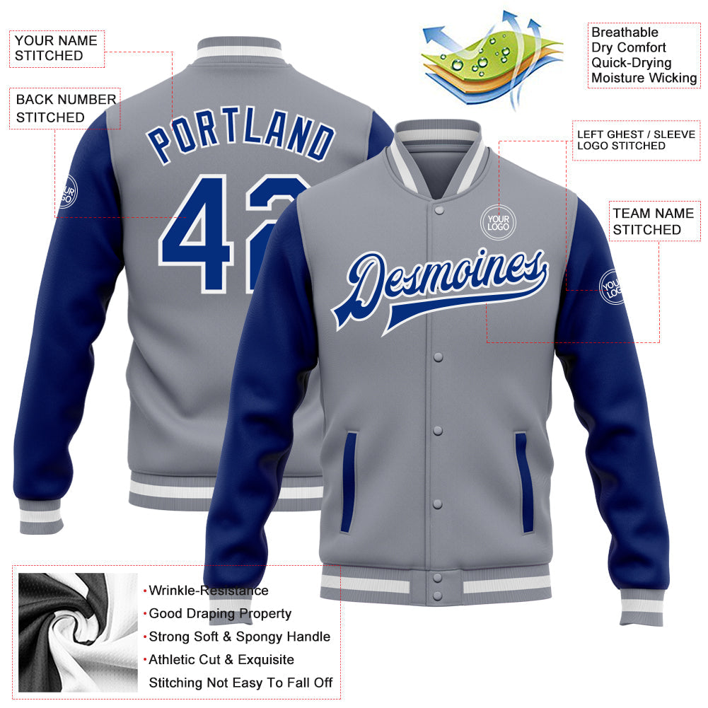 Custom Gray Royal-White Bomber Full-Snap Varsity Letterman Two Tone Jacket view 5