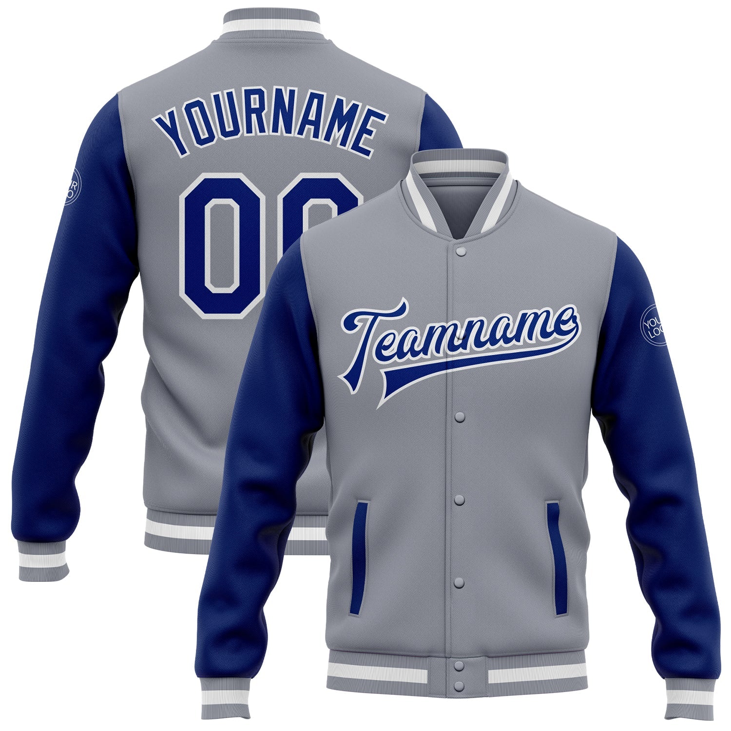 Custom Gray Royal-White Bomber Full-Snap Varsity Letterman Two Tone Jacket - Main View