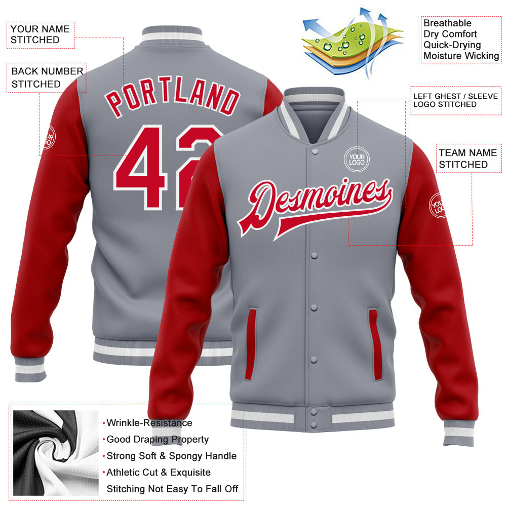Custom Gray Red-White Bomber Full-Snap Varsity Letterman Two Tone Jacket view 5