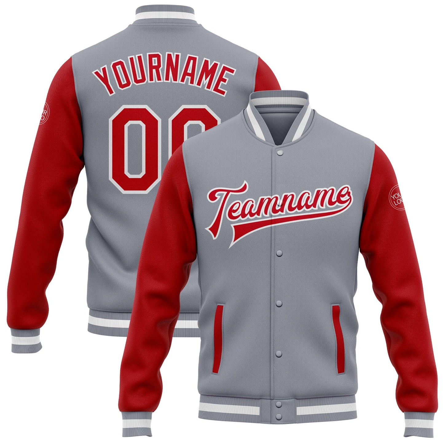 Custom Gray Red-White Bomber Full-Snap Varsity Letterman Two Tone Jacket - Main View