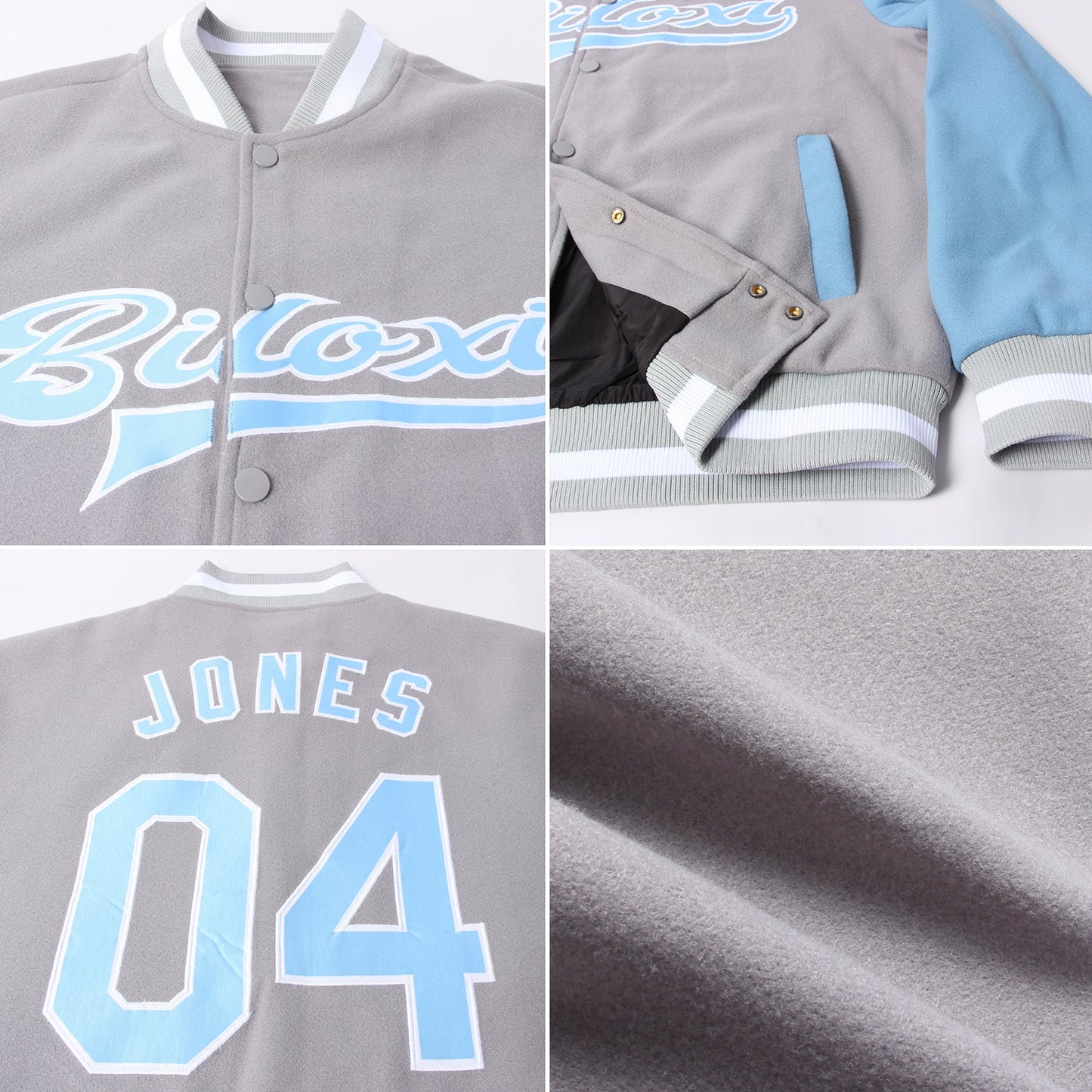 Custom Gray Light Blue-White Bomber Full-Snap Varsity Letterman Two Tone Jacket view 4