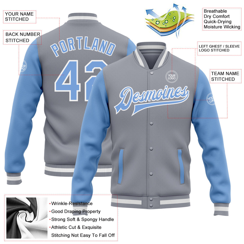 Custom Gray Light Blue-White Bomber Full-Snap Varsity Letterman Two Tone Jacket view 5