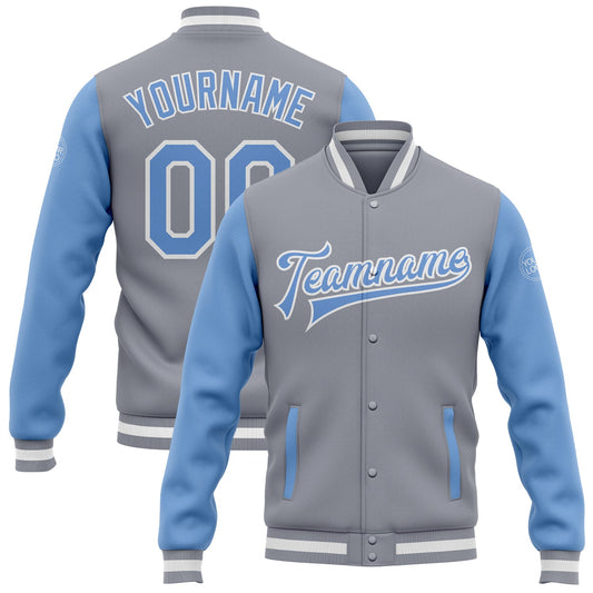 Custom Gray Light Blue-White Bomber Full-Snap Varsity Letterman Two Tone Jacket - Main View