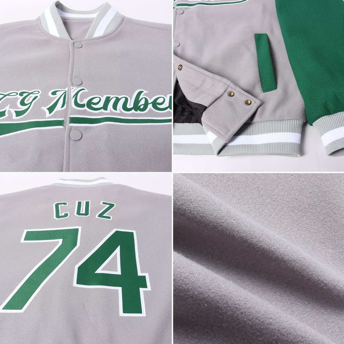 Custom Gray Kelly Green-White Bomber Full-Snap Varsity Letterman Two Tone Jacket view 4