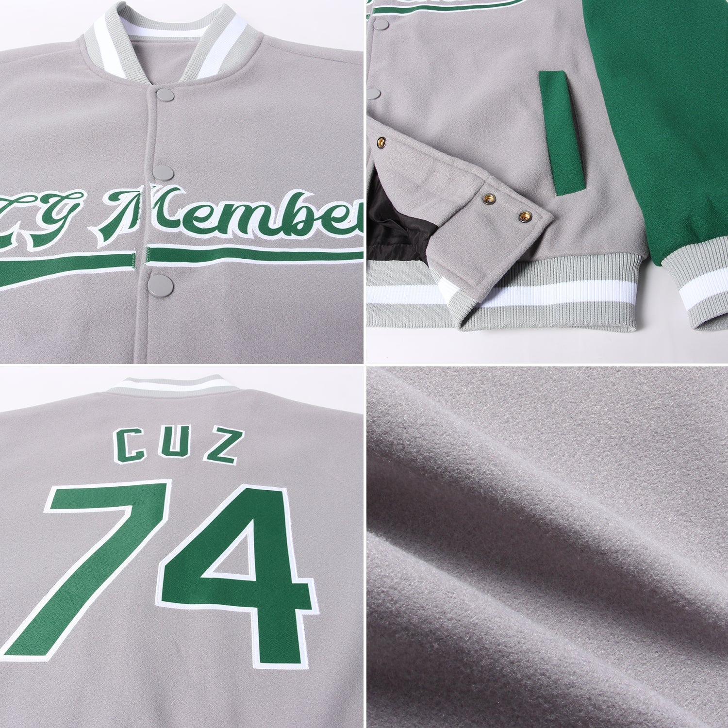 Custom Gray Kelly Green-White Bomber Full-Snap Varsity Letterman Two Tone Jacket view 4