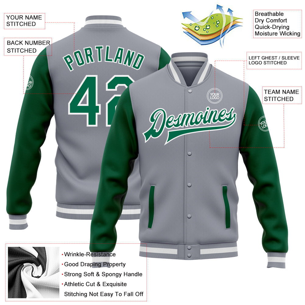 Custom Gray Kelly Green-White Bomber Full-Snap Varsity Letterman Two Tone Jacket view 5