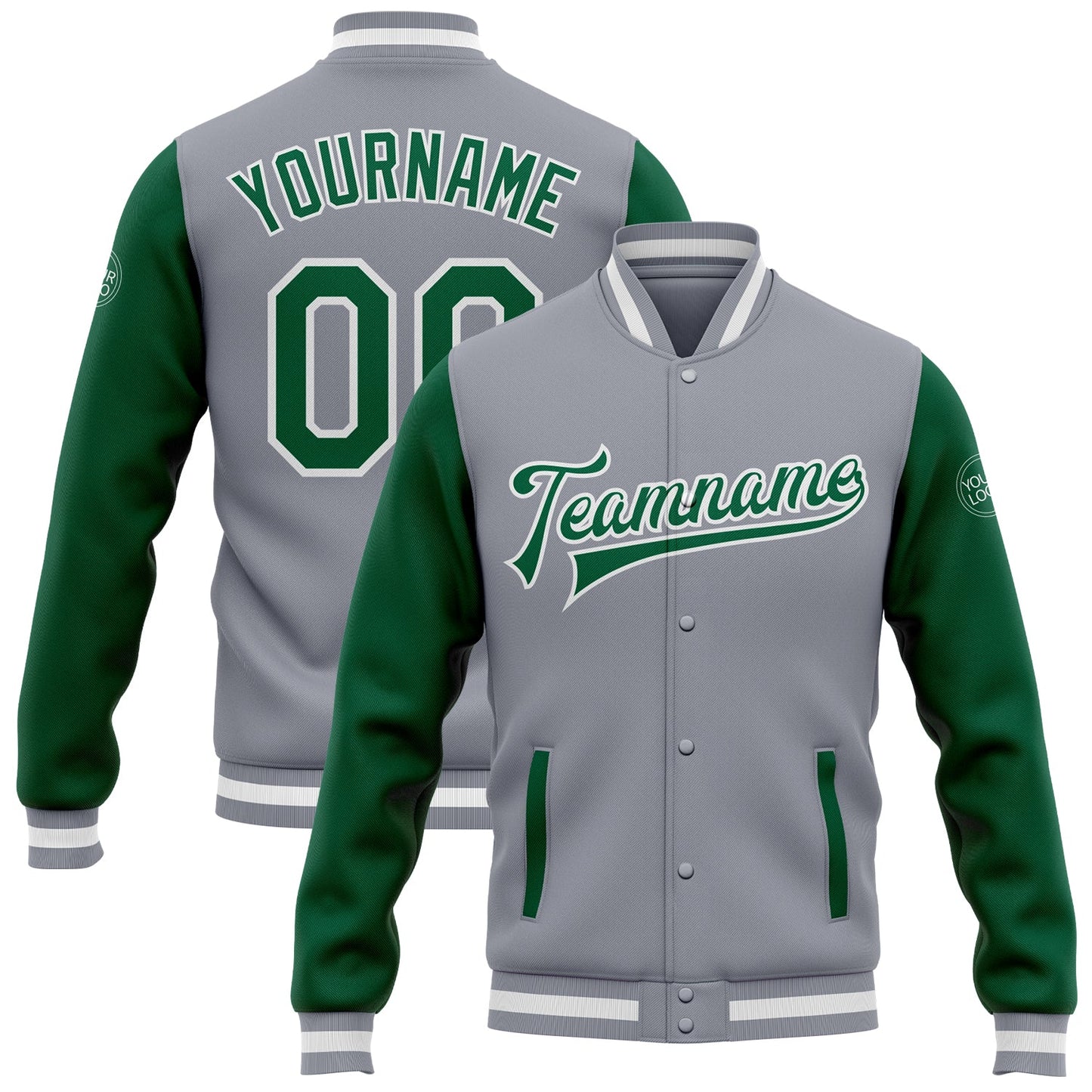 Custom Gray Kelly Green-White Bomber Full-Snap Varsity Letterman Two Tone Jacket - Main View