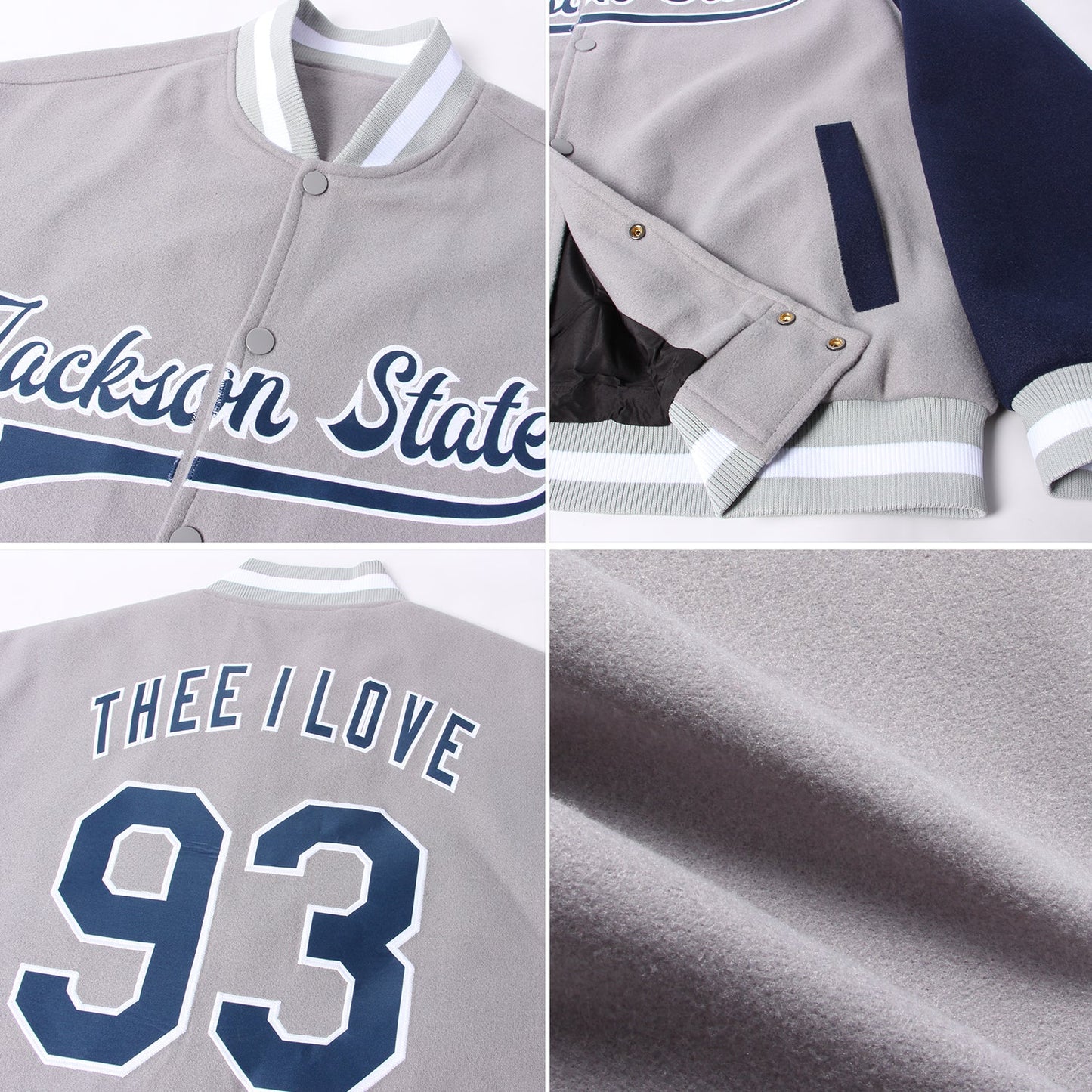 Custom Gray Navy-White Bomber Full-Snap Varsity Letterman Two Tone Jacket view 4
