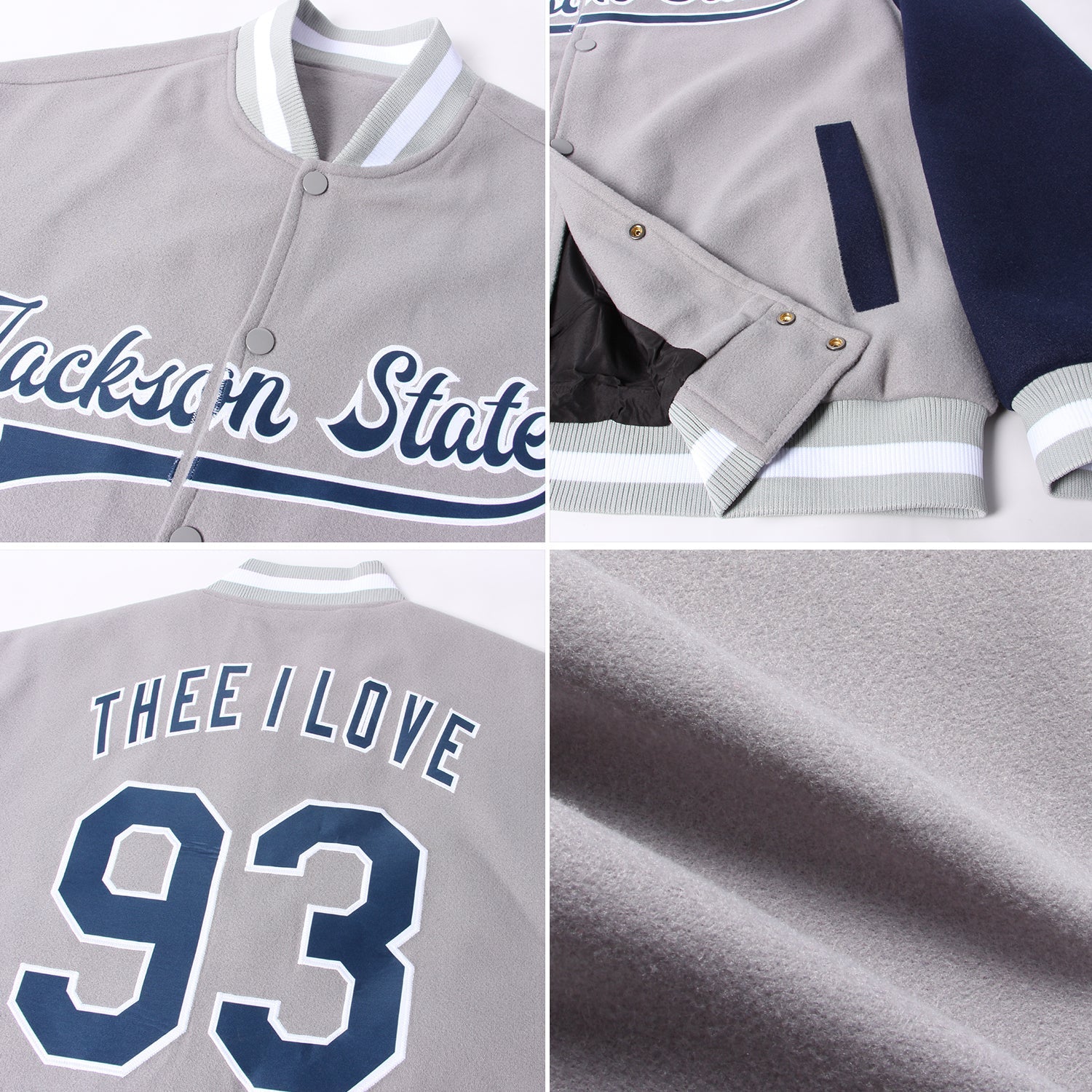 Custom Gray Navy-White Bomber Full-Snap Varsity Letterman Two Tone Jacket view 4