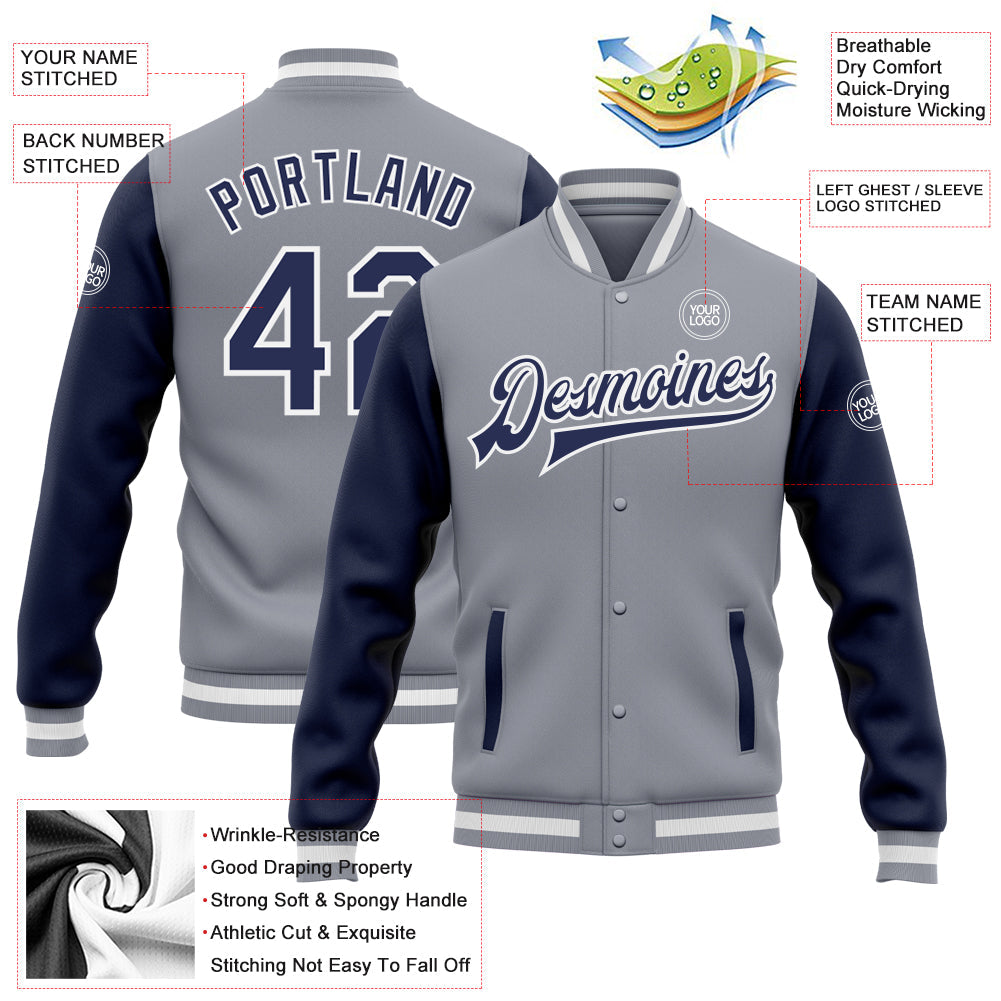Custom Gray Navy-White Bomber Full-Snap Varsity Letterman Two Tone Jacket view 5