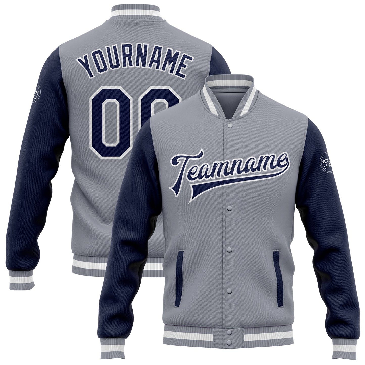Custom Gray Navy-White Bomber Full-Snap Varsity Letterman Two Tone Jacket - Main View