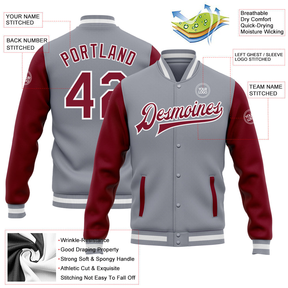 Custom Gray Crimson-White Bomber Full-Snap Varsity Letterman Two Tone Jacket view 5