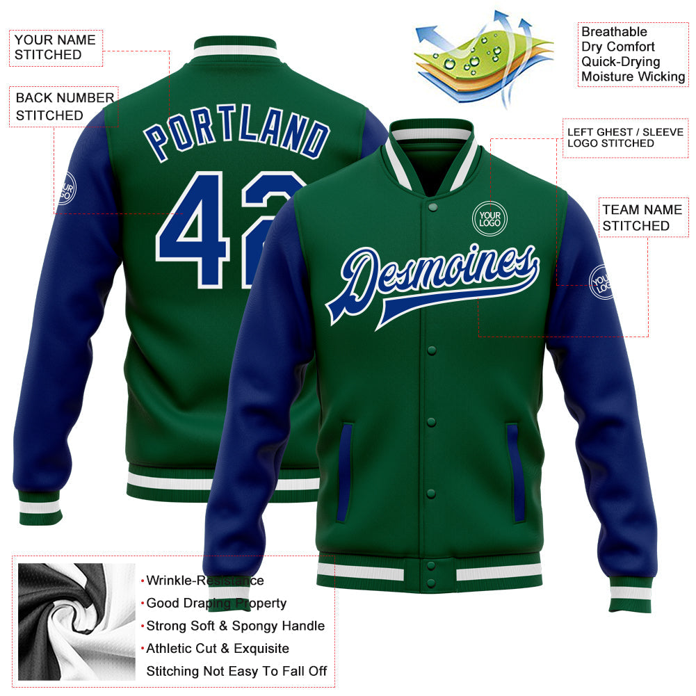 Custom Kelly Green Royal-White Bomber Full-Snap Varsity Letterman Two Tone Jacket view 5