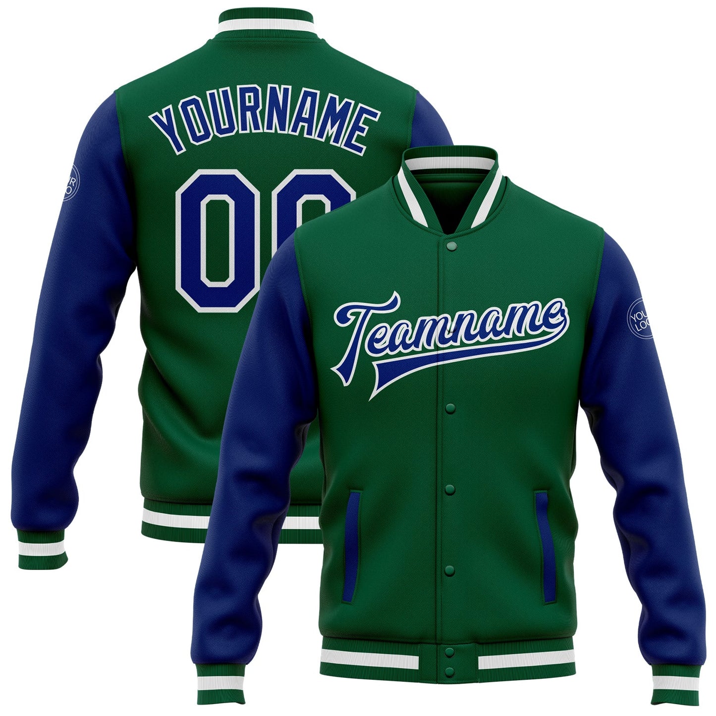 Custom Kelly Green Royal-White Bomber Full-Snap Varsity Letterman Two Tone Jacket - Main View