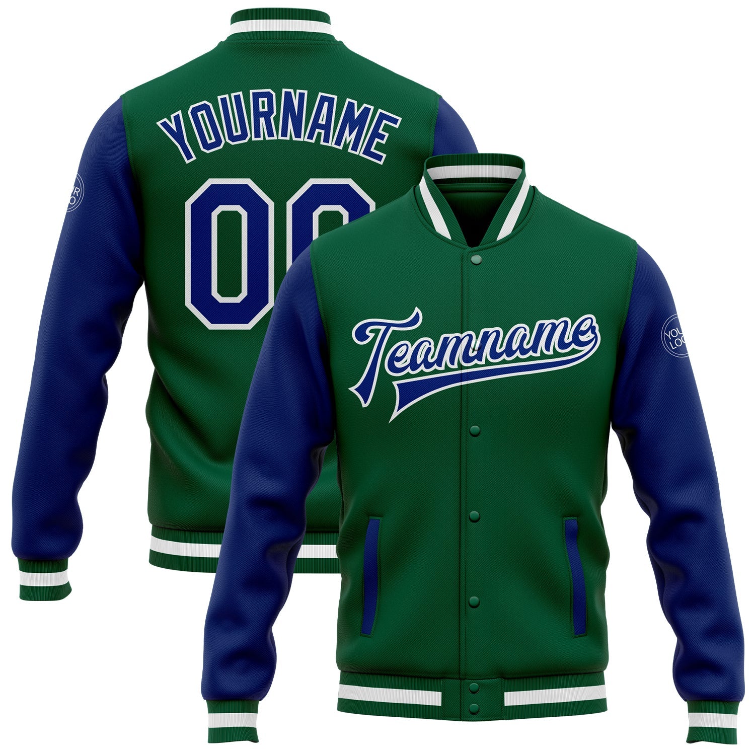 Custom Kelly Green Royal-White Bomber Full-Snap Varsity Letterman Two Tone Jacket - Main View