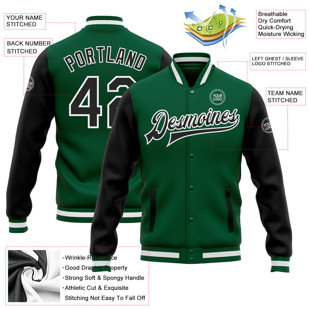 Custom Kelly Green Black-White Bomber Full-Snap Varsity Letterman Two Tone Jacket view 5