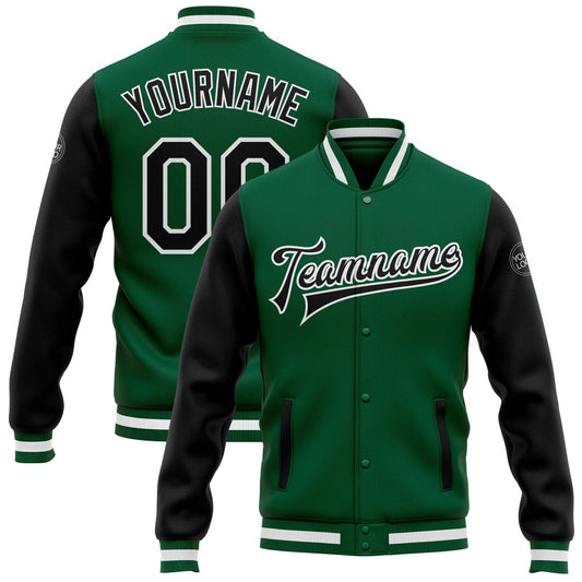 Custom Kelly Green Black-White Bomber Full-Snap Varsity Letterman Two Tone Jacket - Main View