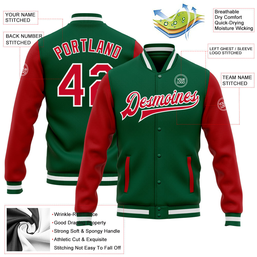 Custom Kelly Green Red-White Bomber Full-Snap Varsity Letterman Two Tone Jacket view 5
