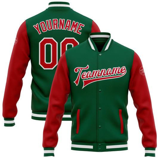 Custom Kelly Green Red-White Bomber Full-Snap Varsity Letterman Two Tone Jacket - Main View