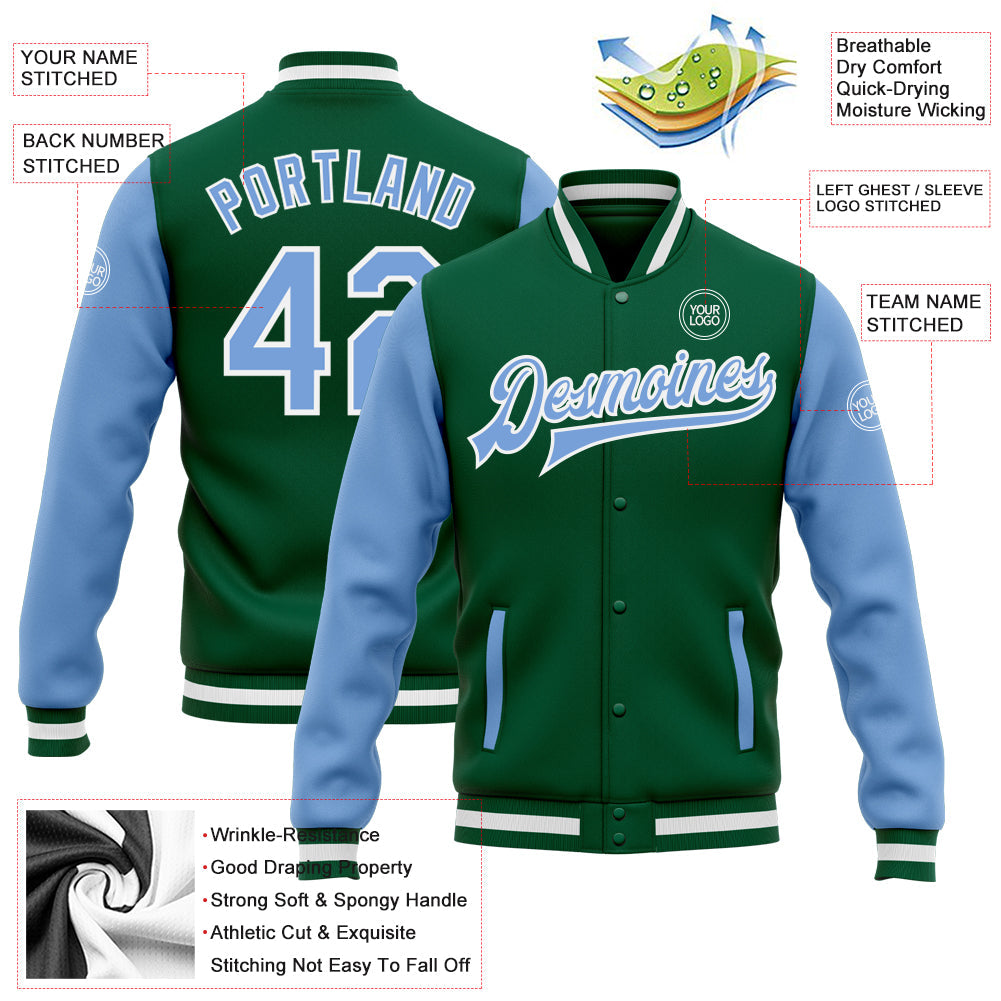 Custom Kelly Green Light Blue-White Bomber Full-Snap Varsity Letterman Two Tone Jacket view 5