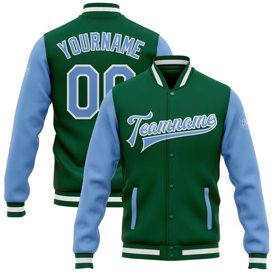 Custom Kelly Green Light Blue-White Bomber Full-Snap Varsity Letterman Two Tone Jacket - Main View