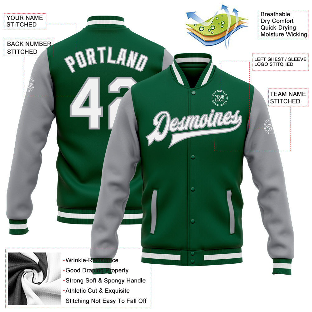 Custom Kelly Green White-Gray Bomber Full-Snap Varsity Letterman Two Tone Jacket view 5