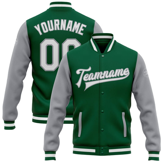 Custom Kelly Green White-Gray Bomber Full-Snap Varsity Letterman Two Tone Jacket - Main View