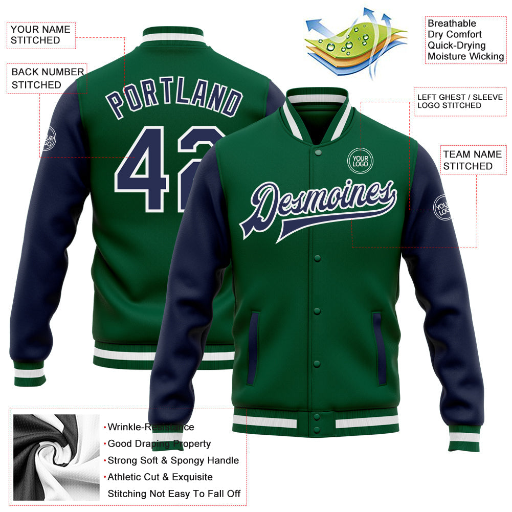Custom Kelly Green Navy-White Bomber Full-Snap Varsity Letterman Two Tone Jacket view 5
