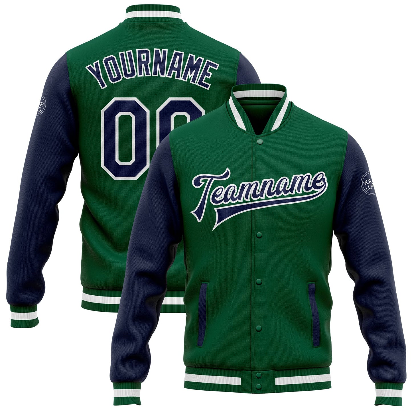 Custom Kelly Green Navy-White Bomber Full-Snap Varsity Letterman Two Tone Jacket - Main View
