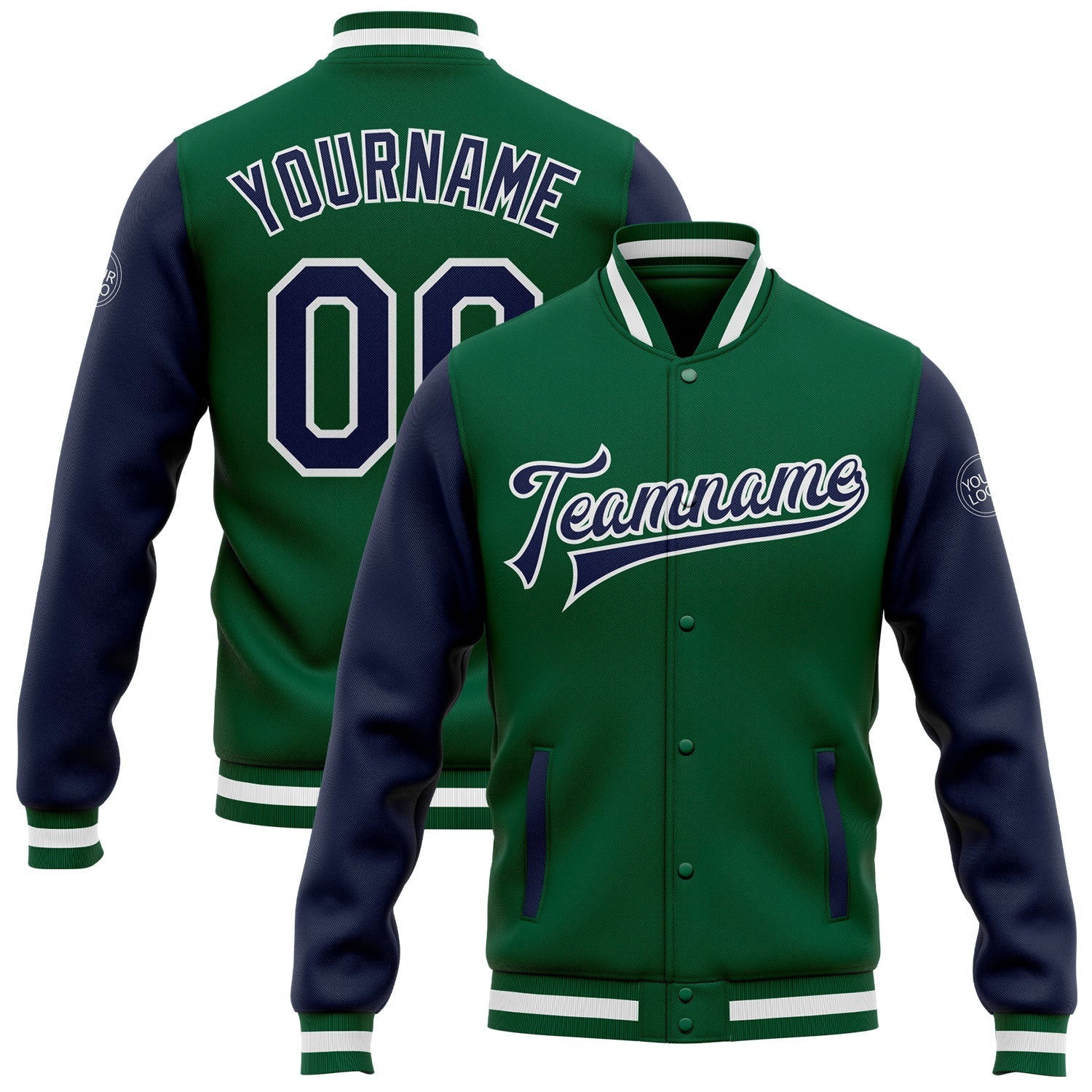 Custom Kelly Green Navy-White Bomber Full-Snap Varsity Letterman Two Tone Jacket - Main View