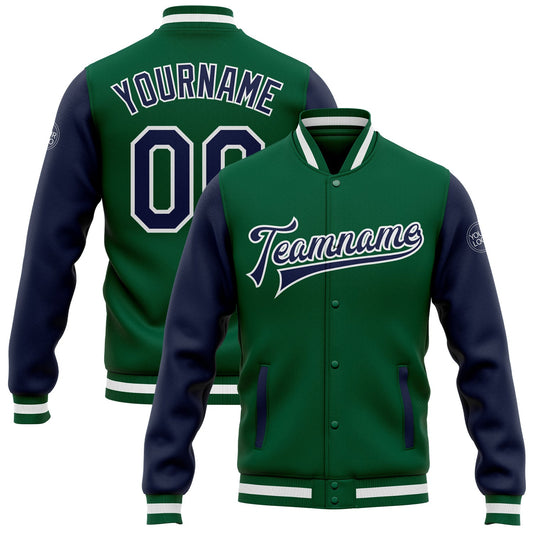 Custom Kelly Green Navy-White Bomber Full-Snap Varsity Letterman Two Tone Jacket - Main View
