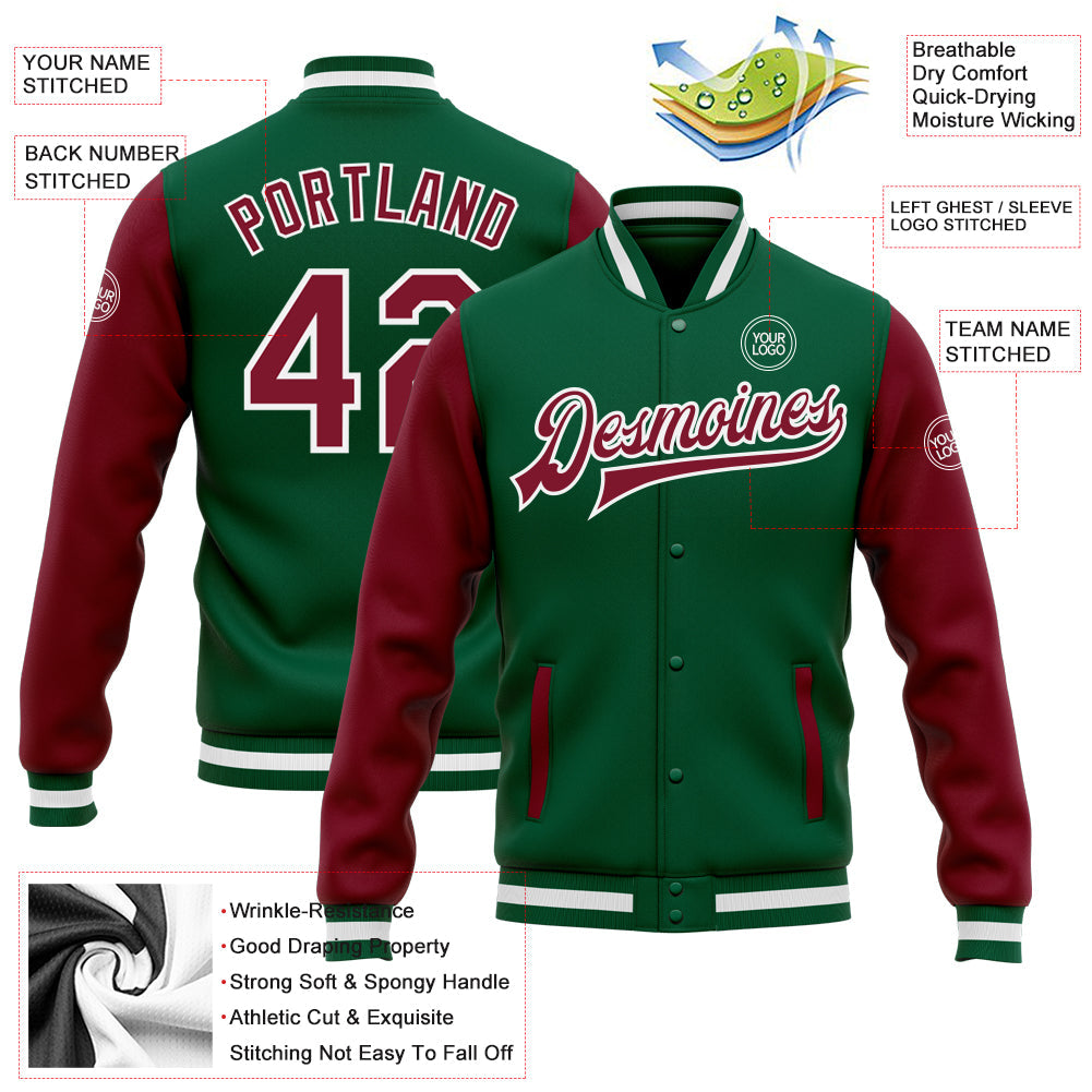 Custom Kelly Green Crimson-White Bomber Full-Snap Varsity Letterman Two Tone Jacket view 5