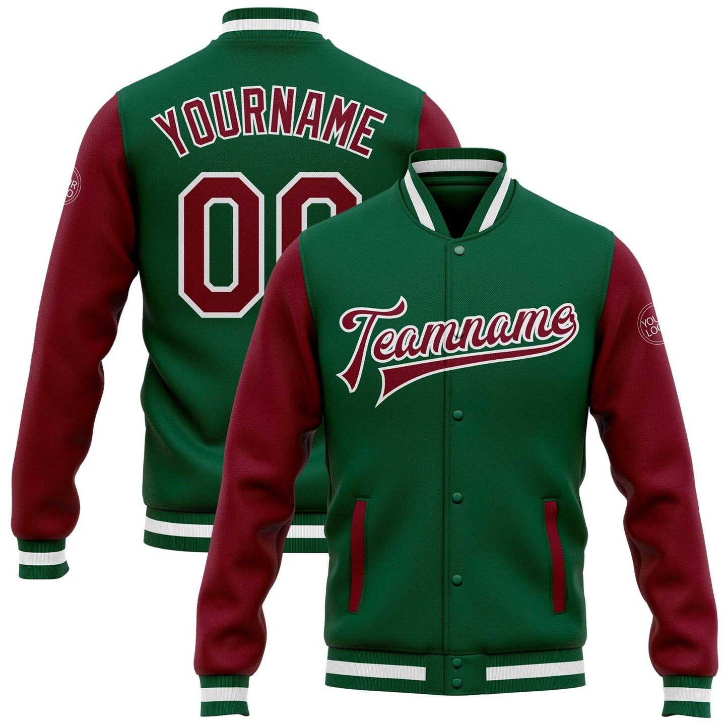 Custom Kelly Green Crimson-White Bomber Full-Snap Varsity Letterman Two Tone Jacket - Main View