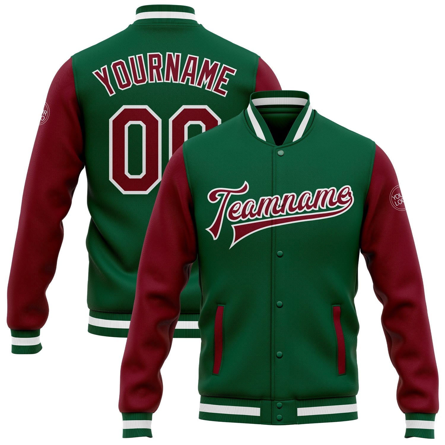 Custom Kelly Green Crimson-White Bomber Full-Snap Varsity Letterman Two Tone Jacket - Main View