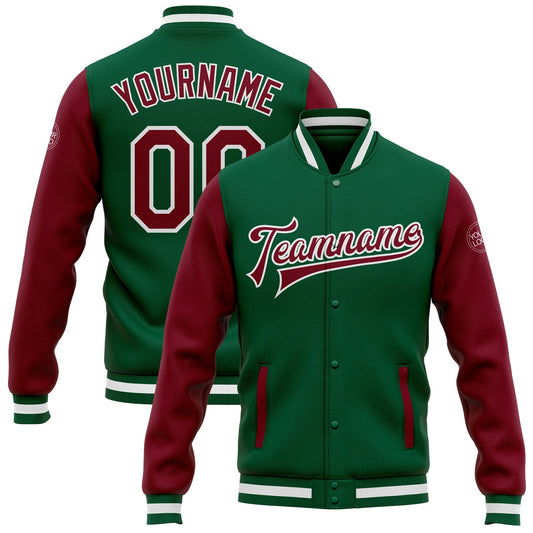 Custom Kelly Green Crimson-White Bomber Full-Snap Varsity Letterman Two Tone Jacket - Main View